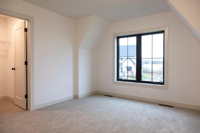 additional living space featuring light carpet, a healthy amount of sunlight, and lofted ceiling