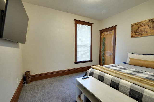 bedroom with carpet and a textured ceiling