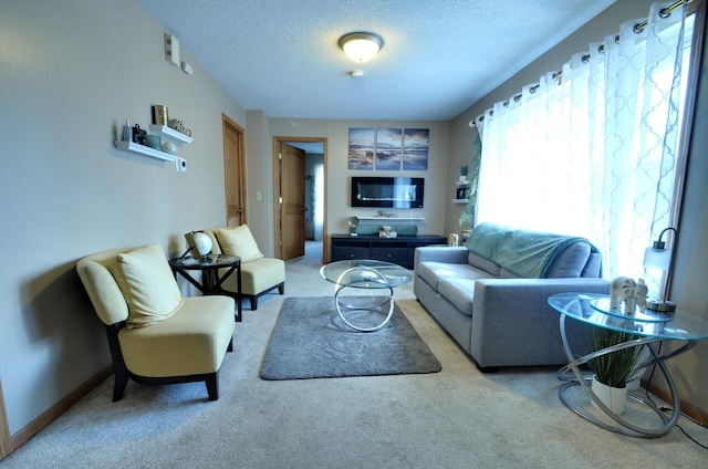 living room featuring carpet flooring and a textured ceiling