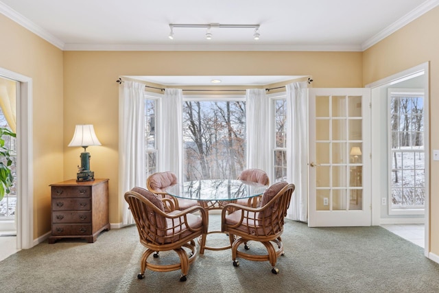 carpeted dining area featuring crown molding