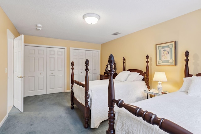 bedroom with carpet, two closets, and a textured ceiling