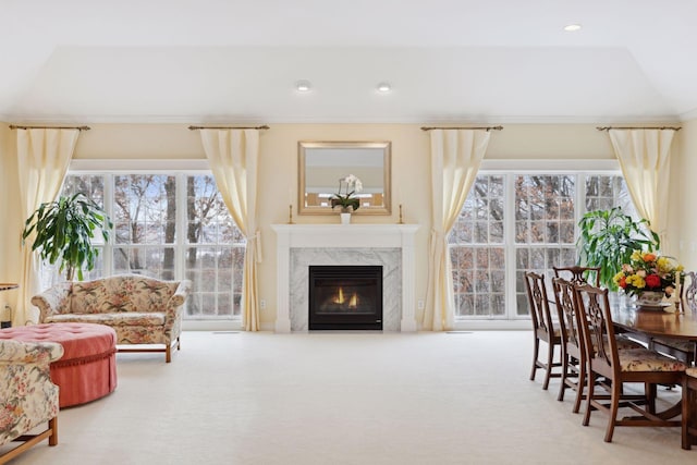 carpeted living room with a fireplace and plenty of natural light