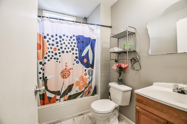 full bathroom with a textured ceiling, shower / bath combo with shower curtain, vanity, and toilet