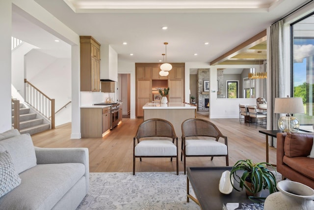 living room with a fireplace and light wood-type flooring