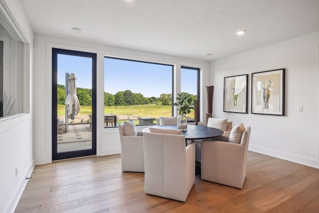 dining space with light hardwood / wood-style floors and a textured ceiling