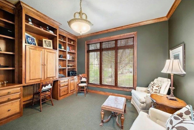 home office featuring dark carpet, built in desk, and crown molding