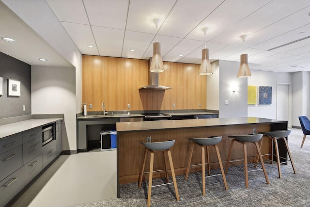 kitchen featuring a kitchen island, a kitchen bar, exhaust hood, and stainless steel appliances