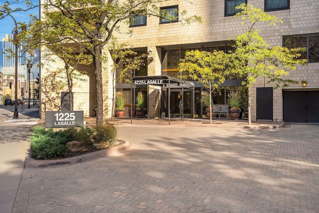 view of building exterior featuring a garage