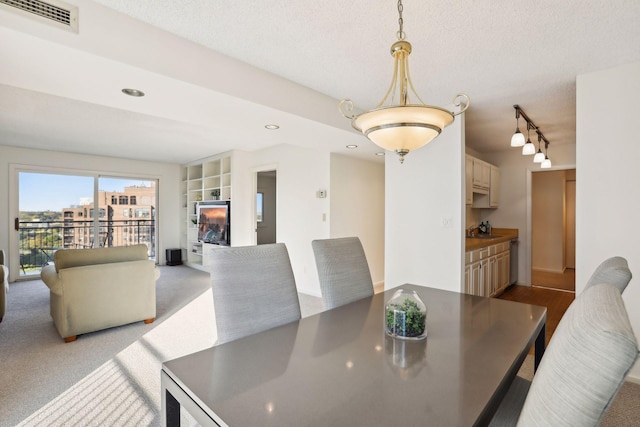 carpeted dining space with track lighting, built in shelves, sink, and a textured ceiling