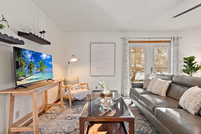 living room featuring a textured ceiling