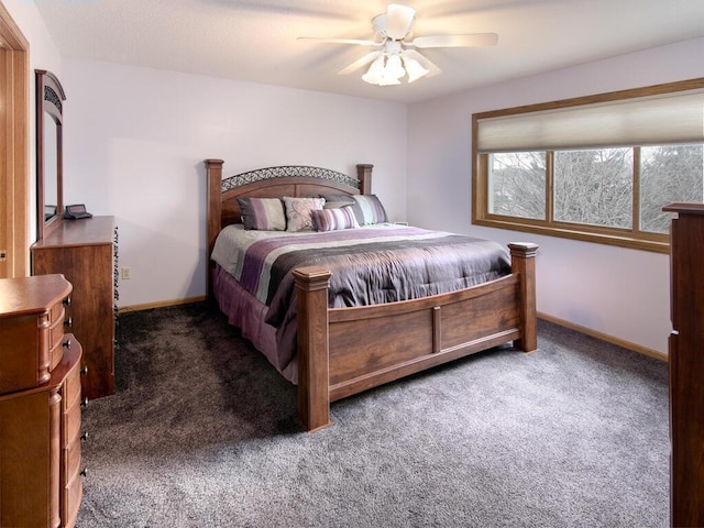 bedroom featuring carpet floors, a ceiling fan, and baseboards