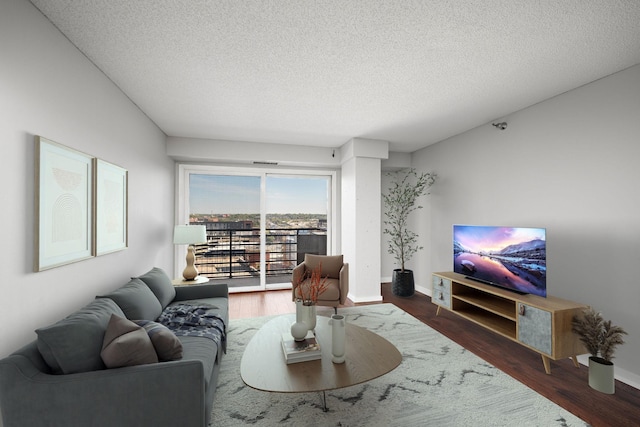 living room featuring a textured ceiling and dark hardwood / wood-style floors