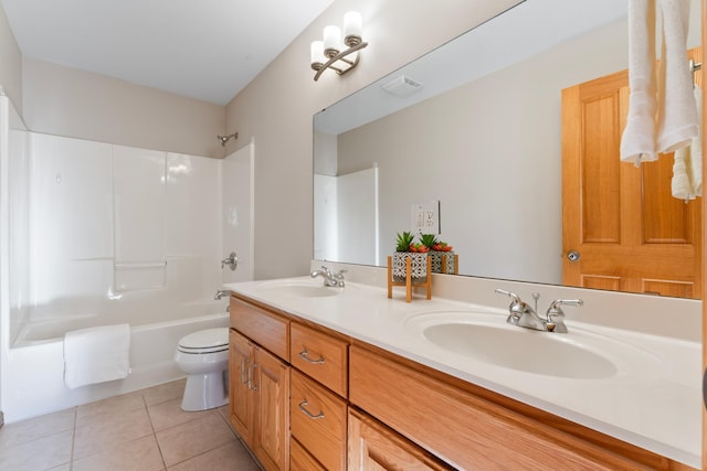 full bathroom with vanity, shower / bathing tub combination, tile patterned floors, and toilet