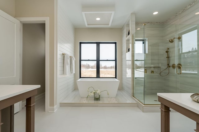 bathroom featuring vanity and separate shower and tub