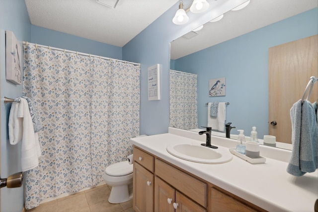 full bath featuring visible vents, a shower with curtain, toilet, tile patterned flooring, and vanity