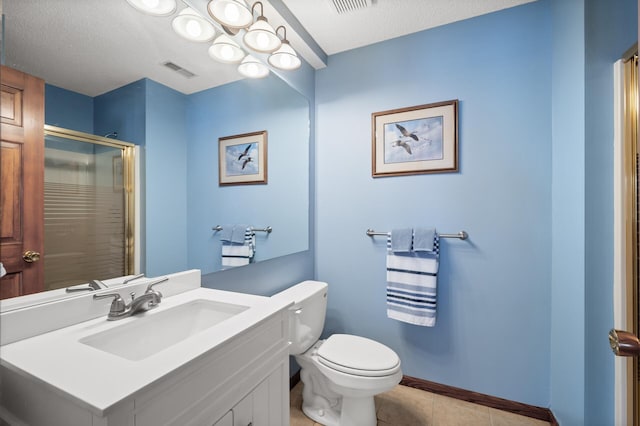 full bath featuring tile patterned floors, visible vents, toilet, a stall shower, and baseboards