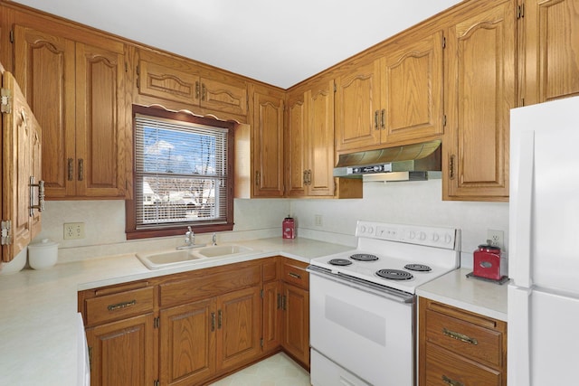 4312 Georgia Ave N, Crystal, MN 55428 - kitchen with white appliances, brown cabinets, under cabinet range hood, and a sink