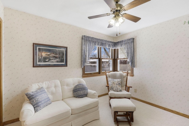 4312 Georgia Ave N, Crystal, MN 55428 - carpeted living area with wallpapered walls, baseboards, and a ceiling fan