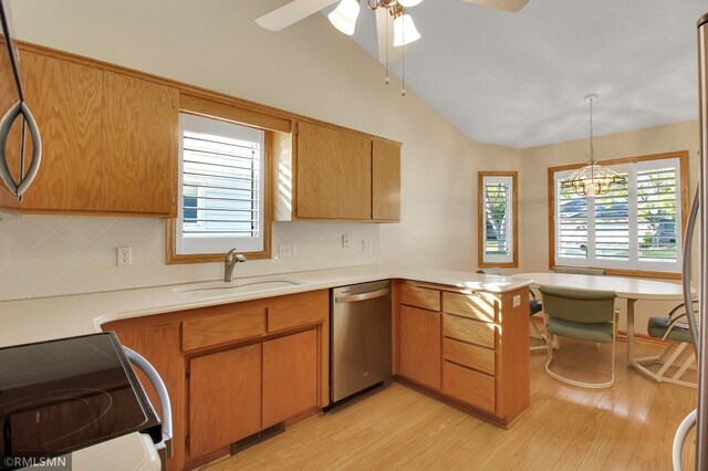 kitchen featuring stainless steel appliances, light hardwood / wood-style floors, pendant lighting, and a healthy amount of sunlight