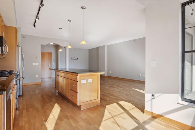 kitchen featuring light hardwood / wood-style flooring, decorative light fixtures, track lighting, appliances with stainless steel finishes, and a center island