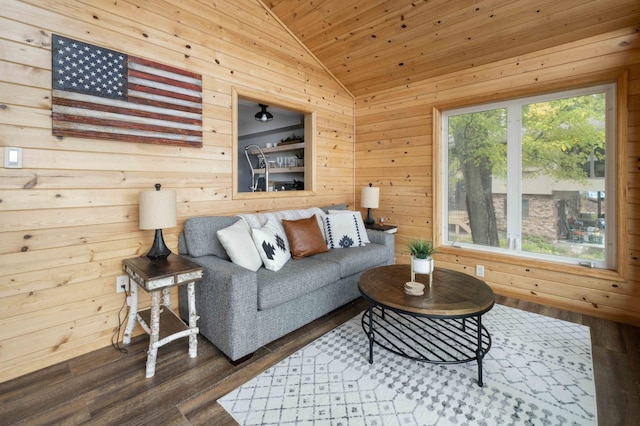 living room featuring high vaulted ceiling, wooden walls, wooden ceiling, and dark hardwood / wood-style floors