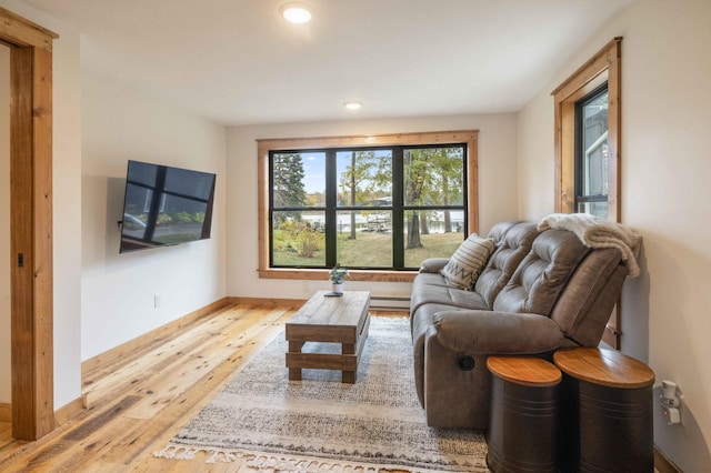 living room featuring light wood-type flooring and baseboard heating