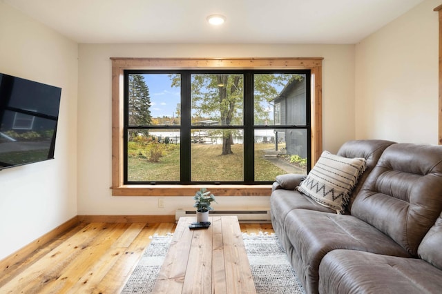 living room with plenty of natural light and wood-type flooring