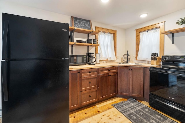 kitchen featuring sink, light hardwood / wood-style floors, and black appliances