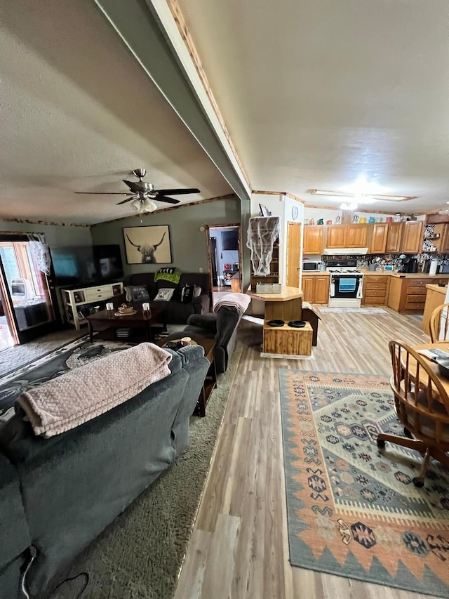 living room featuring ceiling fan and light hardwood / wood-style floors