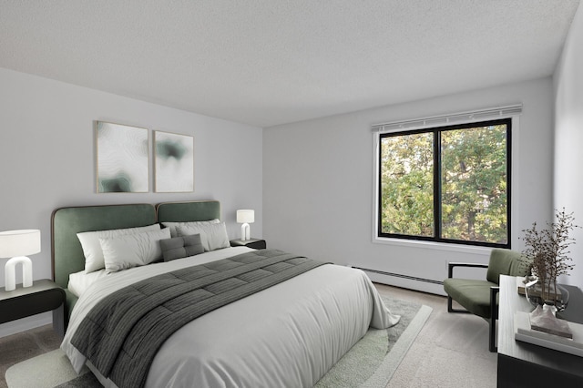 bedroom featuring a textured ceiling, light carpet, and a baseboard heating unit