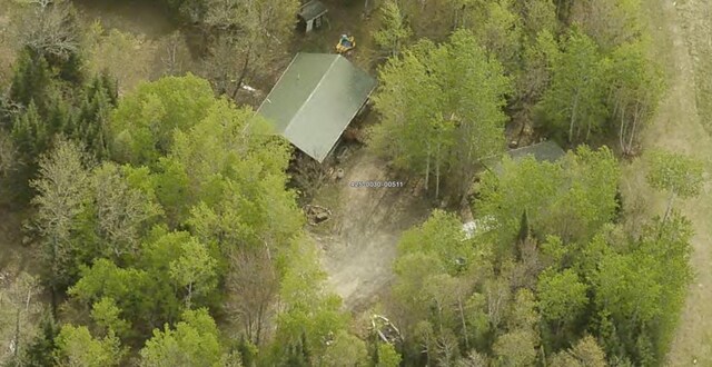 aerial view featuring a wooded view