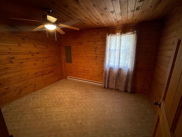 unfurnished room with wooden walls, ceiling fan, wood ceiling, and baseboard heating