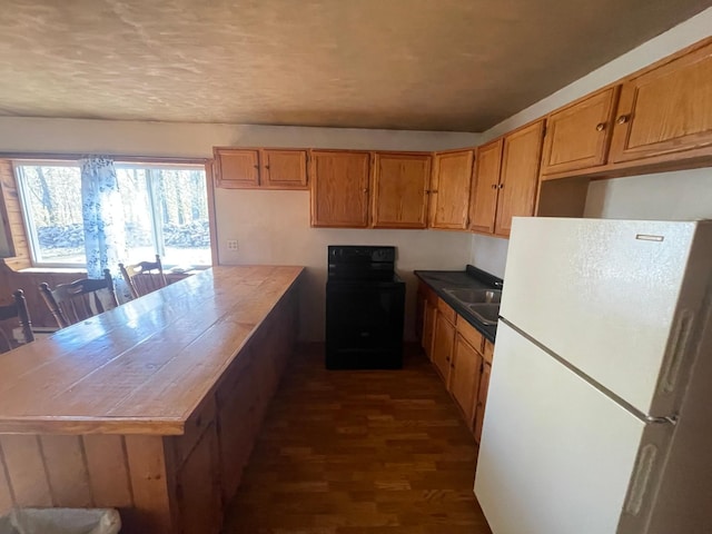 kitchen with dark wood-type flooring, white fridge, black range with electric cooktop, and sink