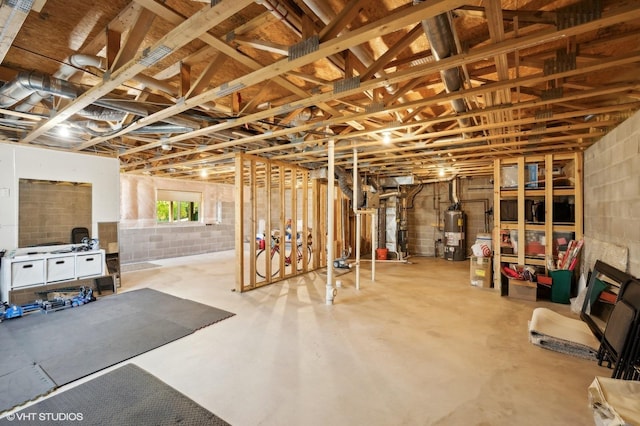 basement featuring a fireplace and water heater