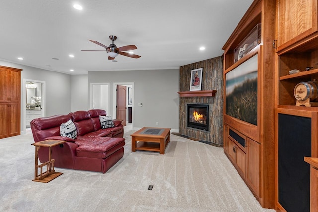 2172 Shadywood Rd, Orono, MN 55391 - living area featuring light carpet, a fireplace, recessed lighting, and a ceiling fan