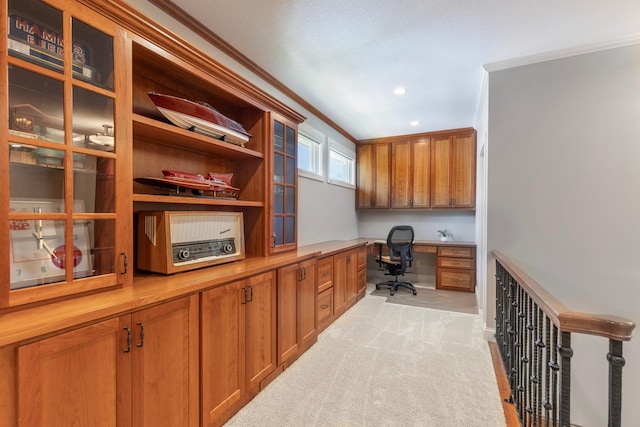 2172 Shadywood Rd, Orono, MN 55391 - office with built in study area, ornamental molding, light carpet, and recessed lighting