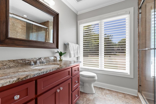 2172 Shadywood Rd, Orono, MN 55391 - bathroom with ornamental molding, a stall shower, vanity, toilet, and baseboards
