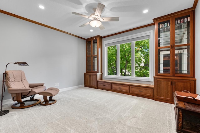 2172 Shadywood Rd, Orono, MN 55391 - sitting room featuring ornamental molding, carpet flooring, ceiling fan, baseboards, and recessed lighting
