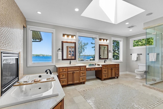 2172 Shadywood Rd, Orono, MN 55391 - bathroom featuring a skylight, ornamental molding, a stall shower, vanity, and a jetted tub