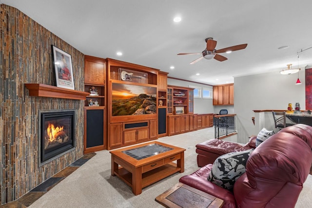 2172 Shadywood Rd, Orono, MN 55391 - carpeted living room with a large fireplace, ceiling fan, and recessed lighting