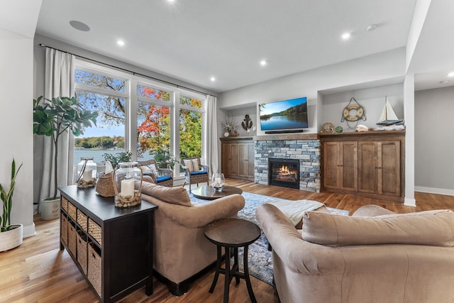 living room with a fireplace and light hardwood / wood-style flooring