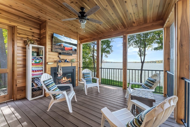 sunroom with ceiling fan and wood ceiling