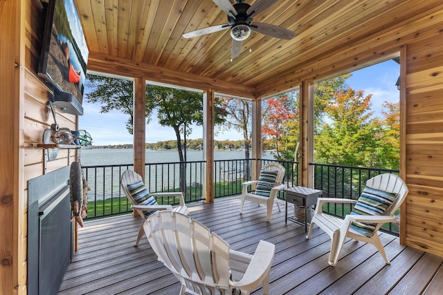 wooden deck with a water view and ceiling fan