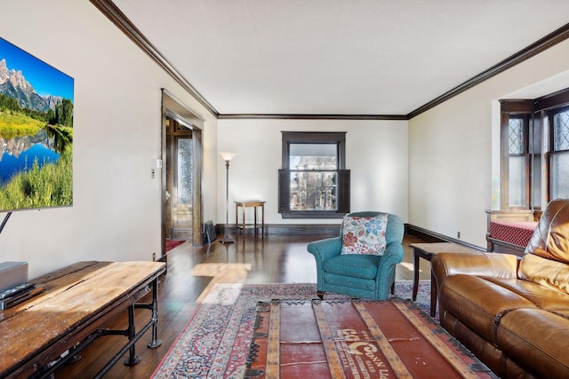 living room with dark hardwood / wood-style floors and crown molding