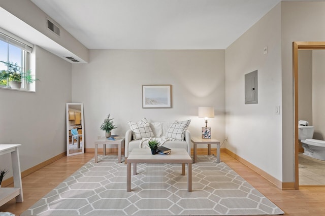 living room featuring hardwood / wood-style floors and electric panel