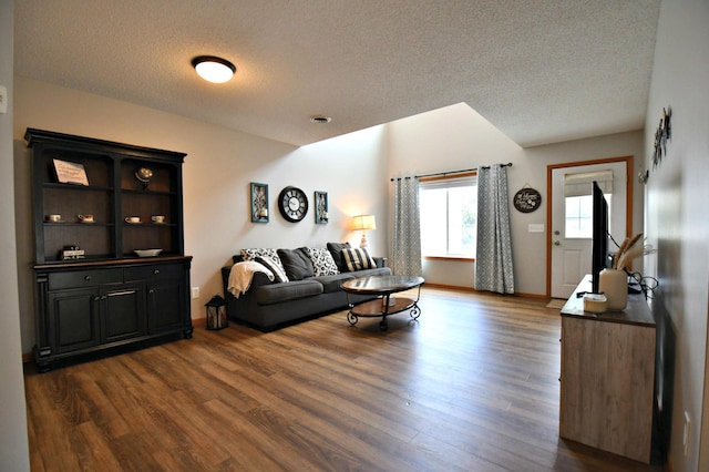 living room featuring a textured ceiling and dark hardwood / wood-style floors