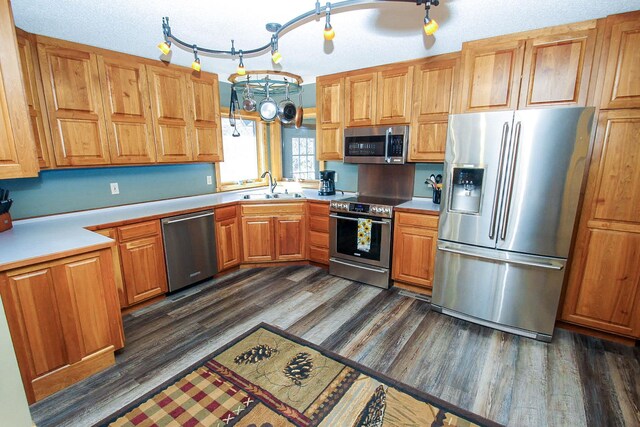 kitchen with dark hardwood / wood-style floors, appliances with stainless steel finishes, sink, and a textured ceiling