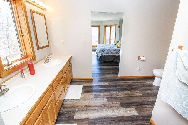 bathroom with hardwood / wood-style floors, toilet, and vanity