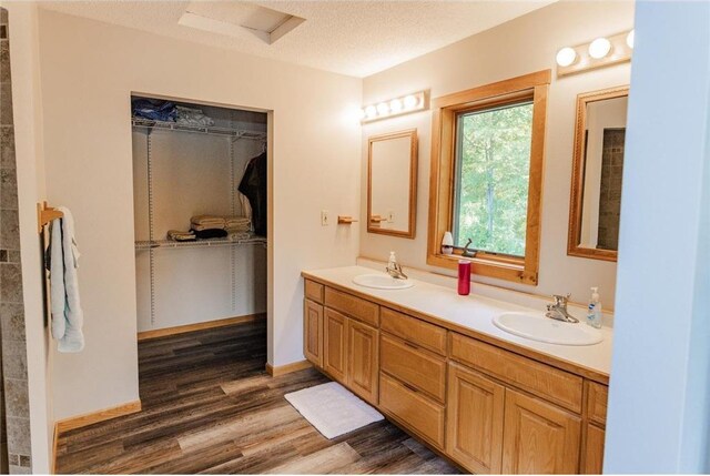 bathroom with vanity, hardwood / wood-style floors, and a textured ceiling