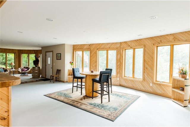 dining space with wooden walls